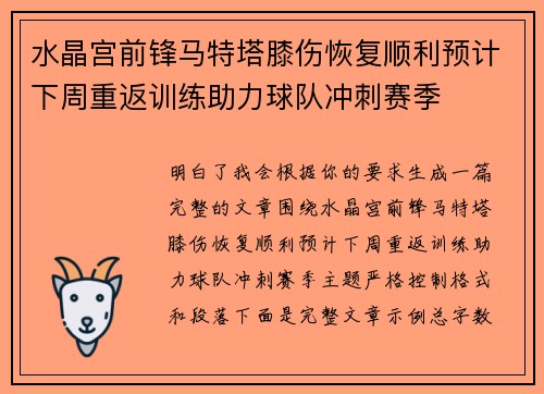 水晶宫前锋马特塔膝伤恢复顺利预计下周重返训练助力球队冲刺赛季
