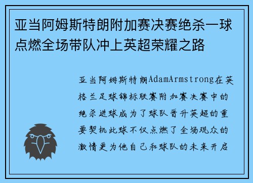 亚当阿姆斯特朗附加赛决赛绝杀一球点燃全场带队冲上英超荣耀之路