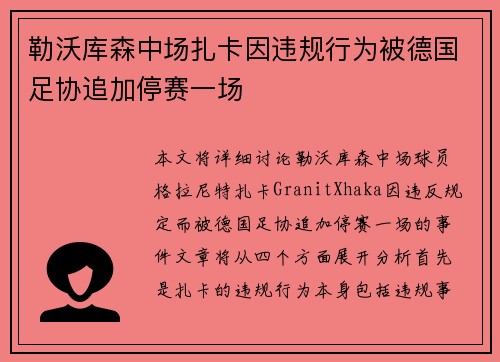 勒沃库森中场扎卡因违规行为被德国足协追加停赛一场