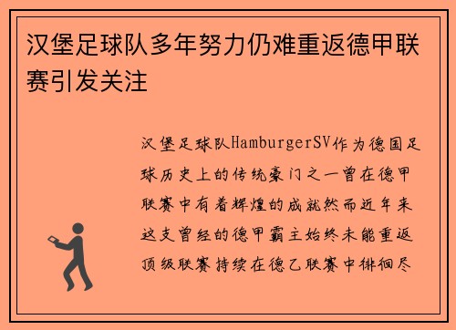 汉堡足球队多年努力仍难重返德甲联赛引发关注